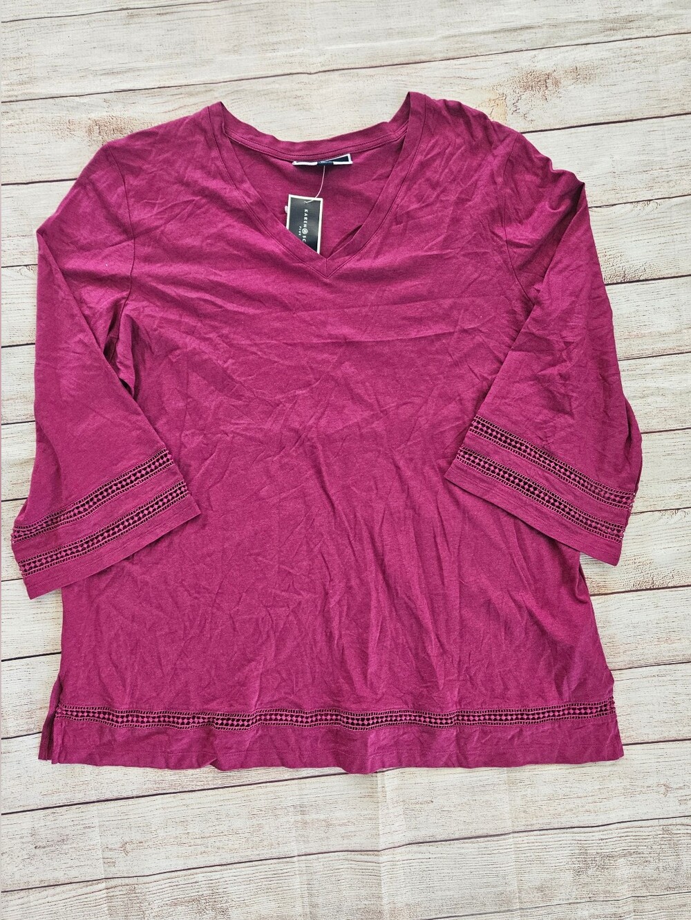 Karen Scott V-Neck Lace-Trim 3/4 Sleeve Top — Berry